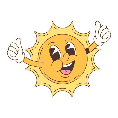 Neşeli yüzlü, olumlu güneş maskotu ve iki eli de iyi niyetli. Onaylama ve mutluluğu ifade eden enerjik çizgi film karakteri. Yaz ve çocuk projeleri için mükemmel. Vektör illüstrasyonu
