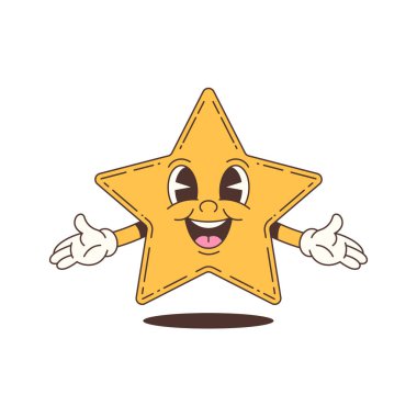 Neşeli yıldız maskotu, geniş gülüşlü ve etkileyici gözleri olan oyuncu çizgi film tarzında kollarını açmış. Düz geçmişe dönük tasarlanmış. Vektör illüstrasyonu