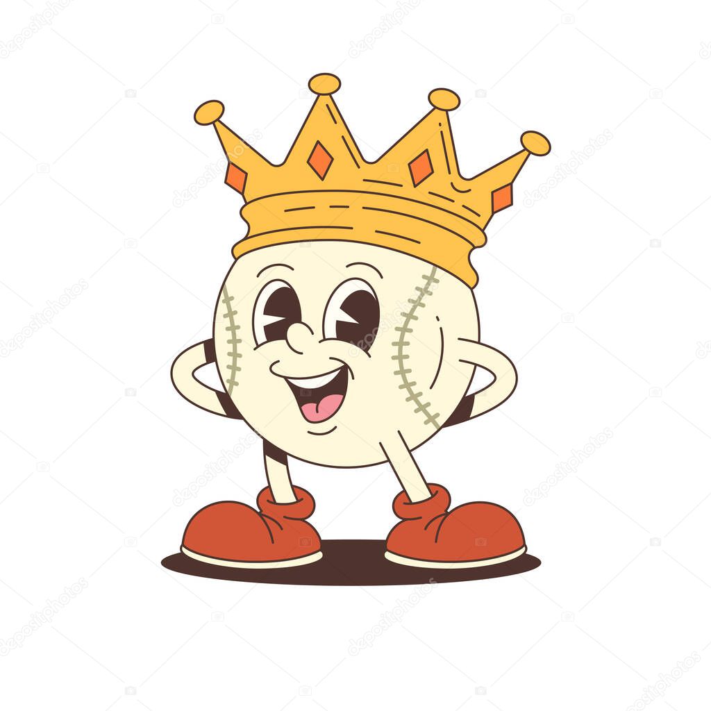 Cartoon baseball mascot wearing golden crown and red shoes standing with hands behind back smiling. Vector illustration