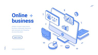 Çevrimiçi iş yönetimi, optimizasyon izometrik web pankartı taşıyıcı illüstrasyonunu analiz ediyor. İnternet satışı ticari perakende para kazandıran dijital bilgisayar teknolojisi tek renkli iniş sayfası