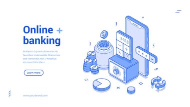 Çevrimiçi bankacılık finansal muhasebe akıllı telefon uygulaması izometrik web pankartı vektör illüstrasyonu. İnternet mobil bankası elektronik para bütçe tasarruf kontrol servisi iniş sayfası