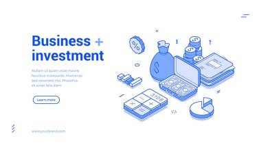 İş yatırımı finans bankacılığı tasarruf izometrik web pankartı taşıyıcı illüstrasyonunu destekler. Para kazanmak büyümeyi finanse etmek ticari banka verimliliği iniş sayfası