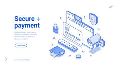 Güvenli ödeme bankası para işlem web bankası izometrik vektör illüstrasyonu. Nakitsiz transfer bütçe dengesi kredi bankası transferi dijital koruma çevrimiçi alışveriş