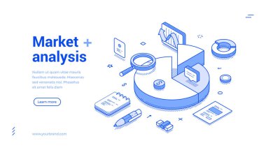 Piyasa analizi ticari mali istatistik iş grafiği web pankartı izometrik vektör illüstrasyonu. Ekonomi bilgisi, idari çözüm analizi araştırma optimizasyonu kar planlama