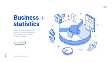 İş istatistiksel para kontrolü web pankartı izometrik vektör illüstrasyonunu analiz ediyor. Finans bankası kazanç giderleri bütçe dengesi analizi ticari yatırım yönetimi