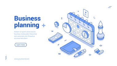 İş planlama son teslim tarihi verimlilik ve verimlilik web pankartı izometrik vektör çizimi. Zaman yönetimi planlama kontrol pazarlama strateji geliştirme iş akışı organizasyonu