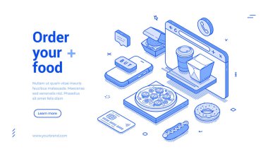 Gıda siparişi dağıtım restoranı çevrimiçi web sayfası izometrik vektör illüstrasyonu. Cafe yemek servisi kurye nakliye hizmeti bankacılık alışverişi akıllı telefon uygulaması ödüyor
