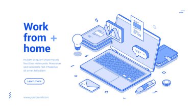 Evdeki ofisten internet dizüstü bilgisayarı web pankartı izometrik vektör illüstrasyonunda çalışıyorum. Serbest çalışma mesafesi siber alan çevrimiçi dijital teknoloji küresel beyin fırtınası iş yeri