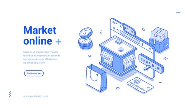 Pazar online alışveriş tarayıcı pazar sitesi web banner izometrik vektör illüstrasyonu. İnternet mağazası dijital ticari perakende teknolojisi ve ticari siber alan ürünleri satın alıyor