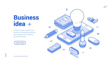 Akıllı telefon uygulaması web afişi izometrik vektör illüstrasyonunu beyin fırtınası yaparak iş fikri geliştirme. Yaratıcı ilham kaynağı geliştirme pazarlama icadı başlangıç cep telefonu uygulaması