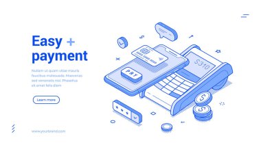 Çevrimiçi kolay ödeme finansal akıllı telefon uygulaması POS terminal izometrik vektör çizimi. Dijital ödeme finans işlem alışveriş ticari perakende mal satın alma