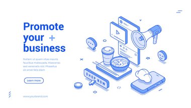 Çevrimiçi dijital pazarlama web pankartı izometrik vektör illüstrasyonunuzu tanıtın. İnternet reklam teknolojisi hizmet günlüğü vlog sosyal ağ etkisi siber uzay tanıtım iniş sayfası