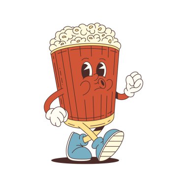 Neşeli patlamış mısır maskotu, neşeli gülüşü ve hareketli hareketli dinamik duruşu, atıştırmalık markalaşma, eğlence veya grafik içeriği için ideal. Vektör illüstrasyonu