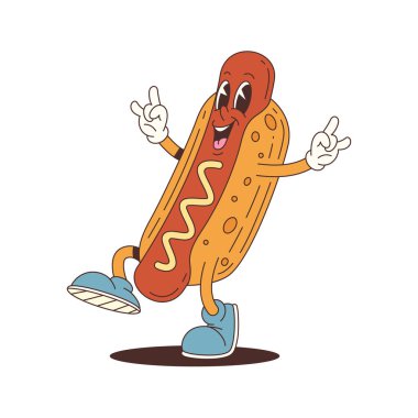 Mutlu sosisli maskotu elleri havada dans ediyor ve mavi spor ayakkabı giyiyor. Oyuncak ve şirin tasarım yemek etkinlikleri, reklamcılık ve eğlenceli grafikler için ideal. Vektör illüstrasyonu