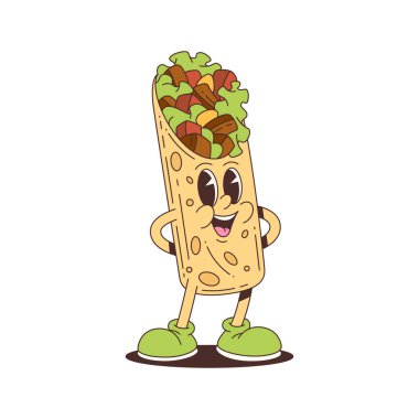 Sebze ve etle dolu neşeli burrito maskotu, neşeli bir yüz ve canlı bir poz. Gıda markası, ambalaj ya da tasarım için harika. Vektör illüstrasyonu