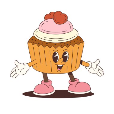 Pembe kremalı, kirazlı neşeli kek maskotu ve neşeli çizgi film tarzında arkadaşça bir ifade. Reklam, markalaşma, ambalaj ve yiyeceklerle ilgili yaratıcı projeler için ideal. Vektör illüstrasyonu.