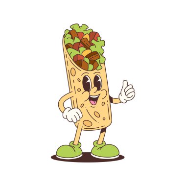 Neşeli burrito maskotu. Parlak renkleri ve neşeli enerjisi var. Yiyeceklerle ilgili markalaşma, pazarlama ya da tasarım içeriği için mükemmel. Çeşitli yaratıcı projeler için uygun. Vektör illüstrasyonu