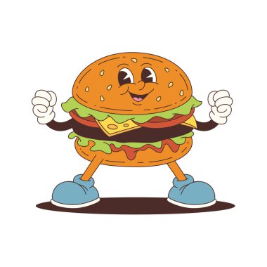 Gülümseyen yüzü, peyniri, marulu ve sosu olan enerjik burger maskotu. Spor ayakkabılarına güvenerek ayakta duruyor ve yumruklarını kaldırıyor. Pazarlama, markalaşma ve yaratıcı gıda grafikleri için ideal. Vektör illüstrasyonu