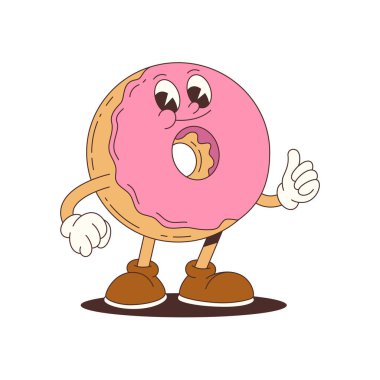 Eldiven ve ayakkabı giyen parlak ve neşeli pembe çörek maskotu yemek reklamları, markalaşma, eğlenceli grafik tasarımlar ve paketleme için mükemmel bir el kaldırıyor. Vektör illüstrasyonu