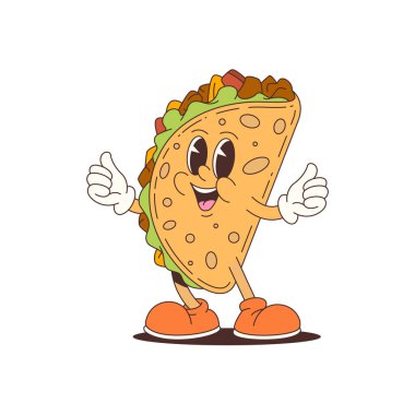 Neşeli yüzü olan renkli taco maskotu karakteri, jestleri onaylıyor, ve gıda pazarlaması, markalaşma ve eğlenceli promosyon grafikleri için ideal turuncu ayakkabılar. Vektör illüstrasyonu.
