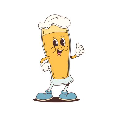 Gülen surat, beyaz köpük şapka ve mavi ayakkabılı komik bira bardağı maskotu karakteri. Festival grafikleri ya da yemek etkinlikleri için uygun. Vektör illüstrasyonu.