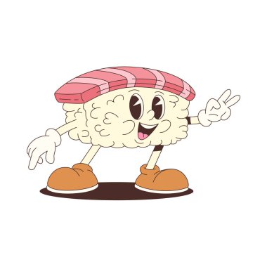 Çizgi film tarzında gülümseyen suşi maskotu karakteri Japon yemek promosyonları, mutfak markaları ya da eğlenceli grafikler için idealdir. Çeşitli yaratıcı ihtiyaçlar için uygun. Vektör illüstrasyonu.