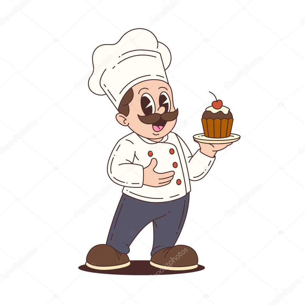 Cheerful chef mascot character with cupcake and cherry in hand, dressed in classic uniform. Fun cartoon figure ideal for food branding and sweets promotion. Vector illustration