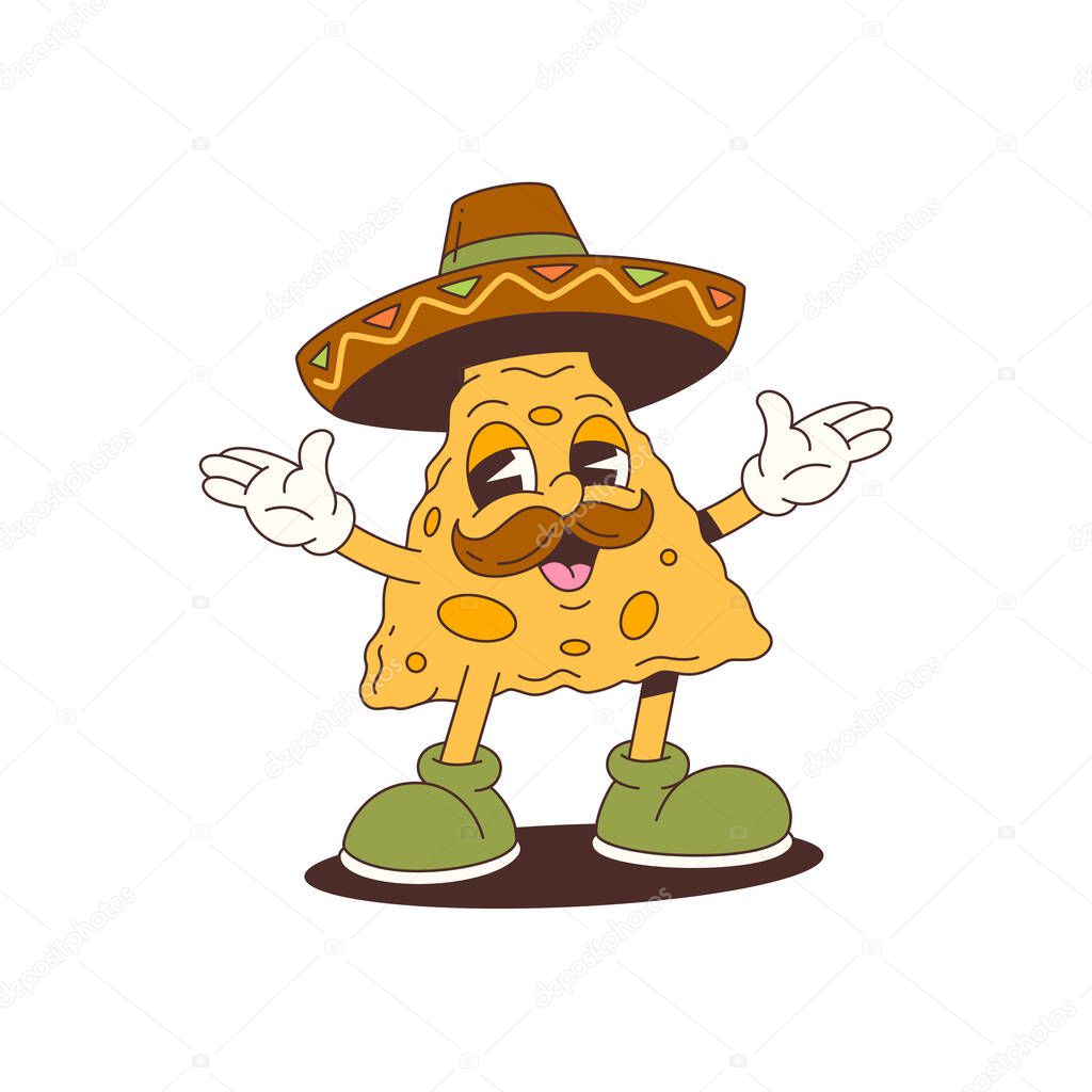 Colorful nacho mascot character wearing a traditional sombrero and smiling joyfully, perfect for food-related celebrations, party promotions, and festive advertising materials. Vector illustration