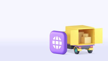 Uluslararası kargo posta paketi kurye kamyonu açık minibüs fotokopi uzay afişi şablonu. Ticari nakliye ticari lojistik taşımacılığında küresel ithalat karton kutu