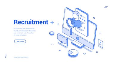 Bir bilgisayar ekranı, bir büyüteç ve çeşitli iş başvuru simgelerinin gösterildiği işe alım teması. Modern tasarım dijital işe alımı temsil ediyor. İzometrik çizgi pankartı
