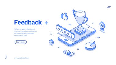 Akıllı telefondan ödül alan dijital geri besleme sistemi var. Reytingler ve sosyal etkileşimler yoluyla kullanıcı memnuniyetini vurgular, modern vektör sanatını gözler önüne serer. İzometrik çizgi pankartı şablonu