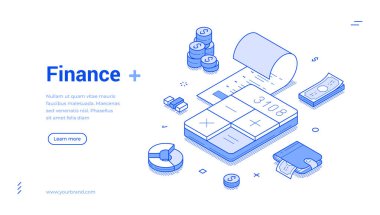 Hesap makinesi, para birimi notları ve madeni paralar da dahil olmak üzere çeşitli finansal unsurları gösteren modern izometrik çizgi afişi. Finans üzerinde net bir odak noktası vurguluyor.