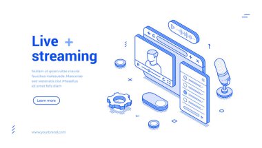 Isometric çizgi afişleri video ekranları, bir mikrofon ve çeşitli kontroller gibi canlı yayın elementleri sergiliyor. Net dış hatları ve etkileşimli simgeleri olan modern bir tarzda tasarlanmıştır..