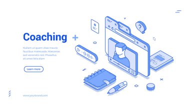 Modern izometrik çizgi paneli tasarımı, çevrimiçi eğitim düzenine katılan bir kişi ile bir koçluk oturumu gösterir.