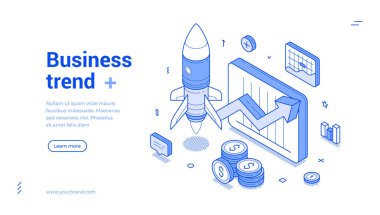 Isometric line pankartı, modern iş ortamında büyüme ve başarıyı temsil eden roket fırlatma, grafikler ve para birimi sembolleriyle bir iş trendini gösteriyor..