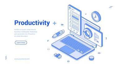 Üretkenlik kavramlarına odaklanan Isometric çizgi afişi elemanları. Çalışma ortamlarında örgütlenme ve verimliliği temsil eden bir dizüstü bilgisayar, saat ve çeşitli simgeleri vurgular.