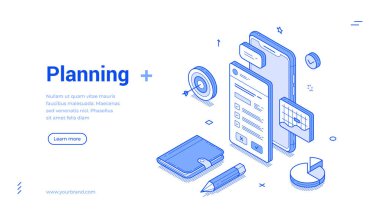 Isometric satır illüstrasyonunda akıllı telefon, kontrol listesi, takvim ve etkili bir organizasyon ve zaman yönetimi için gerekli diğer araçlar da dahil olmak üzere çeşitli planlama unsurları gösterilir.