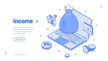 Isometric çizgi afişi, para çantası, grafikler ve madeni paralar da dahil olmak üzere mali sembollerle çevrili bir dizüstü bilgisayarın mali büyüme ve yönetim kavramını vurguluyor.