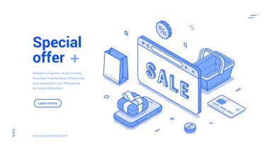 Canlı bir izometrik hat afişinde, hediye kutusu, satış tabelası ve alışveriş çantası gibi alışveriş unsurları da dahil olmak üzere özel bir teklif yer alıyor. Kullanıcıları mevcut tanıtım anlaşmaları hakkında daha fazla bilgi edinmeye davet eder.