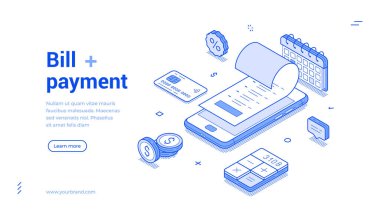 Fatura ödeme sürecini vurgulayan Isome çizgisi çizimi. Özellikler arasında bir akıllı telefon, makbuz, takvim ve şık bir düzende çeşitli ödeme araçları yer almaktadır..