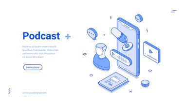 Isometric çizgi sanat afişi bir mikrofon, ses dalgaları ve bir dinleyicinin görsel temsilleri gibi canlı podcast elementleri içerir.