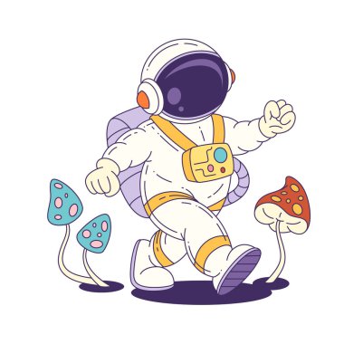 Renkli astronot maskotu uzaylı mantarlarıyla uzayı keşfeder, eğlence, bilim ve fantezi temalı projeler için idealdir. Vektör maskotu illüstrasyonu