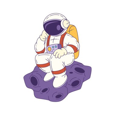 Uzay boşluğunda yabancı bir kayanın üzerinde oturmuş sakin ve meraklı bir şekilde maskotluk yapan astronot. Eğitici ve bilim kurgu temaları için harika. Vektör illüstrasyonu