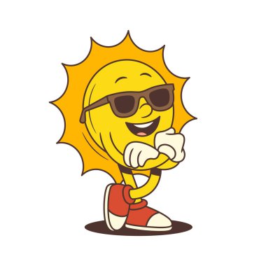 Güneş maskotu retro çizgi film tasarımında kolları çapraz güneş gözlüğü takıyor ve kendine güvenen yüz ifadesi takınıyor. Yaz promosyonları, kafede markalaşma ya da tatil içeriği için ideal. Vektör illüstrasyonu