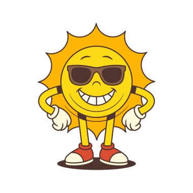 Güneş gözlüğü takan enerjik çizgi film maskotu ve elleri klasik tasarım tarzında kalçaların üzerinde duruyor. Yaz içeriği, reklamcılık veya markalaşma projeleri için ideal. Vektör illüstrasyonu