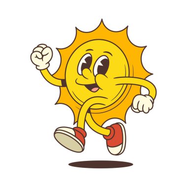 Güneş maskotu enerjik ifadesiyle hızlı koşuyor, spor ayakkabı ve eldiven giyiyor. Yaz, hava, spor ve neşeli projeler için mükemmel. Çeşitli eğlenceli ve aktif temalar için uygun oyuncu karakter