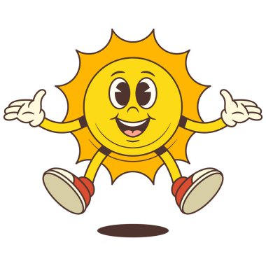 Klasik çizgi film güneş maskotu kollarını açıp sevinçle zıplıyor. Yaz, tatil, hava ve neşeli tasarım projeleri için uygun. Enerjik bir havası olan parlak ve oyuncu bir karakter.
