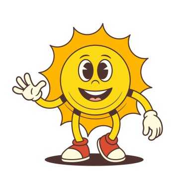 Güneş maskotu ileri doğru yürüyor ve dostça bir selamlama hareketi yapıyor. Yaz, tatil, hava ve neşeli markalaşma için uygun. Logolar ve promosyon malzemeleri için ideal. Vektör illüstrasyonu