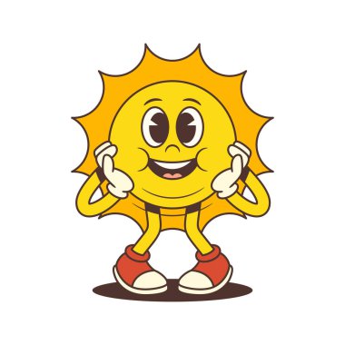Parlak ve neşeli eski güneş maskotu geniş gözleri ve yanaklarına bastırılmış ellerle şaşırmış bir ifade sergiliyor. Yaz, tatil, hava ve eğlenceli markalaşma projeleri için uygun. Vektör illüstrasyonu