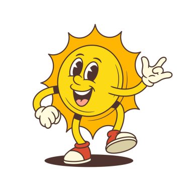 Parlak ve neşeli eski moda güneş maskotu geniş bir gülümsemeyle ILY el hareketi gösteriyor. Yaz, tatil, hava ve eğlenceli markalaşma projeleri için uygun. Vektör illüstrasyonu.